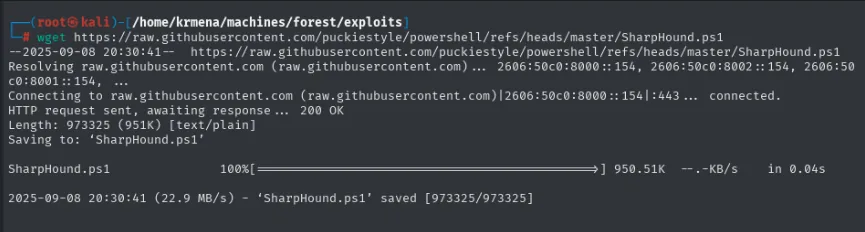 el wget descarga los 951 KB de SharpHound.ps1 desde raw.githubusercontent.com
