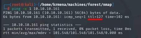 ping -c 1 10.10.10.161 con una respuesta ttl=127