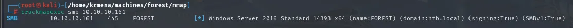 crackmapexec smb sin credenciales identificando el host FOREST, el dominio htb.local, Windows Server 2016 Standard 14393 x64 y signing:True