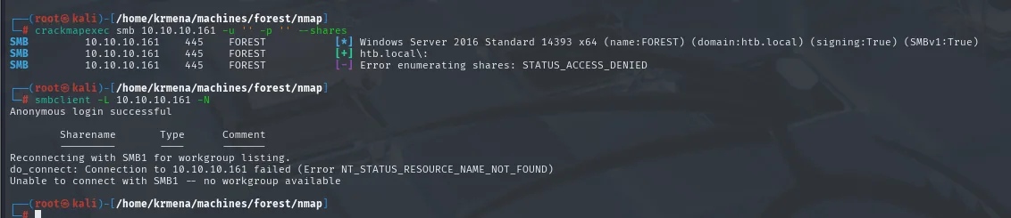 crackmapexec con sesión nula acepta el login pero falla al listar recursos con STATUS_ACCESS_DENIED; smbclient -L -N dice "Anonymous login successful" y devuelve una tabla de recursos vacía