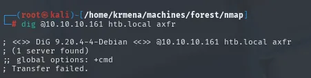 dig axfr contra htb.local termina con "Transfer failed."
