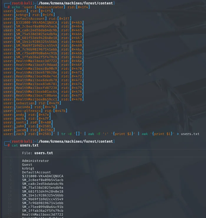 la salida de enumdomusers pasada por tr y awk deja un users.txt limpio con Administrator, Guest, krbtgt, las cuentas SM_ y HealthMailbox, sebastien, lucinda, svc-alfresco, andy, mark, santi, john, jacob y zach