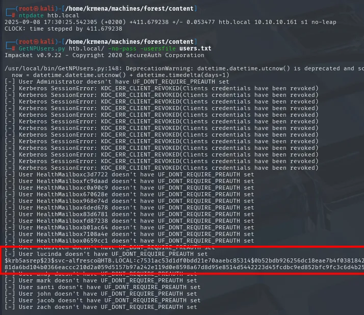GetNPUsers obtiene un hash AS-REP (Kerberos 5 AS-REP etype 23) para la cuenta svc-alfresco