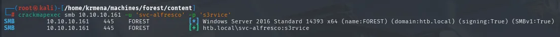 crackmapexec smb acepta svc-alfresco:s3rvice con el signo de exito pero SIN la marca (Pwn3d!)