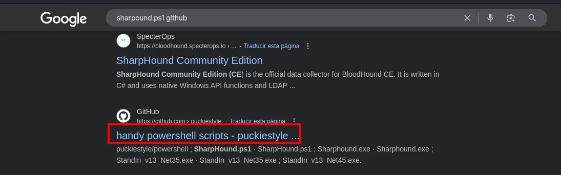 la búsqueda de "sharpound.ps1 github" devuelve la página oficial de SharpHound Community Edition y, debajo, el repositorio puckiestyle/powershell resaltado, que sí contiene el SharpHound.ps1