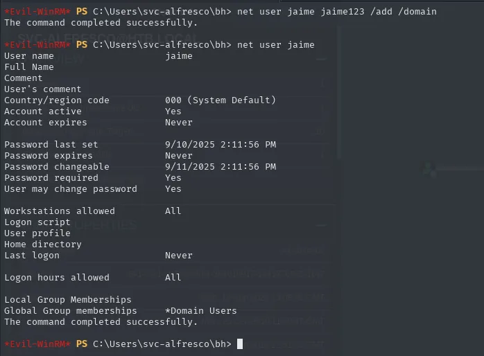 net user jaime /add /domain devuelve "The command completed successfully" y el net user siguiente muestra la ficha del usuario recién creado, con Global Group memberships *Domain Users