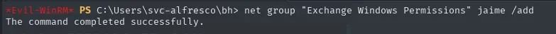 net group confirma que jaime se ha añadido a Exchange Windows Permissions