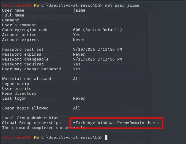 el net user jaime posterior muestra ya "Exchange Windows Permissions" entre sus Global Group memberships, junto a *Domain Users