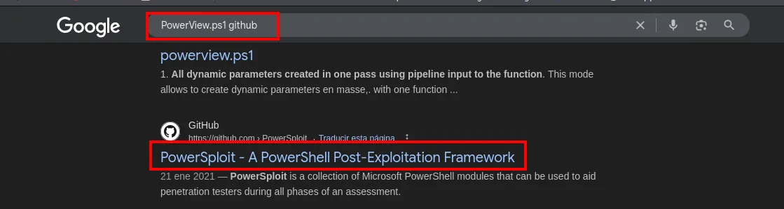 la búsqueda de "PowerView.ps1 github" devuelve como resultado destacado PowerSploit - A PowerShell Post-Exploitation Framework