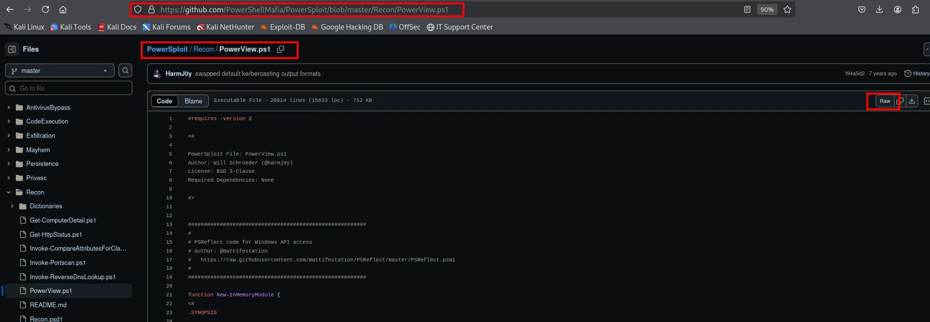 el fichero PowerView.ps1 dentro de PowerSploit/Recon en GitHub, con la ruta resaltada y el botón Raw; la cabecera lo firma Will Schroeder (@harmj0y) bajo licencia BSD 3-Clause