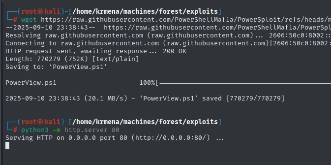el wget descarga los 752 KB de PowerView.ps1 y a continuación se levanta el http.server en el puerto 80 para servirlo