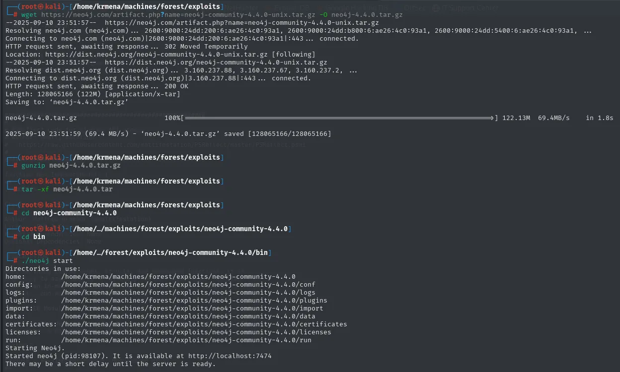 el wget descarga los 122 MB de neo4j-community-4.4.0, se descomprime con gunzip y tar, y ./neo4j start lo arranca en http://localhost:7474