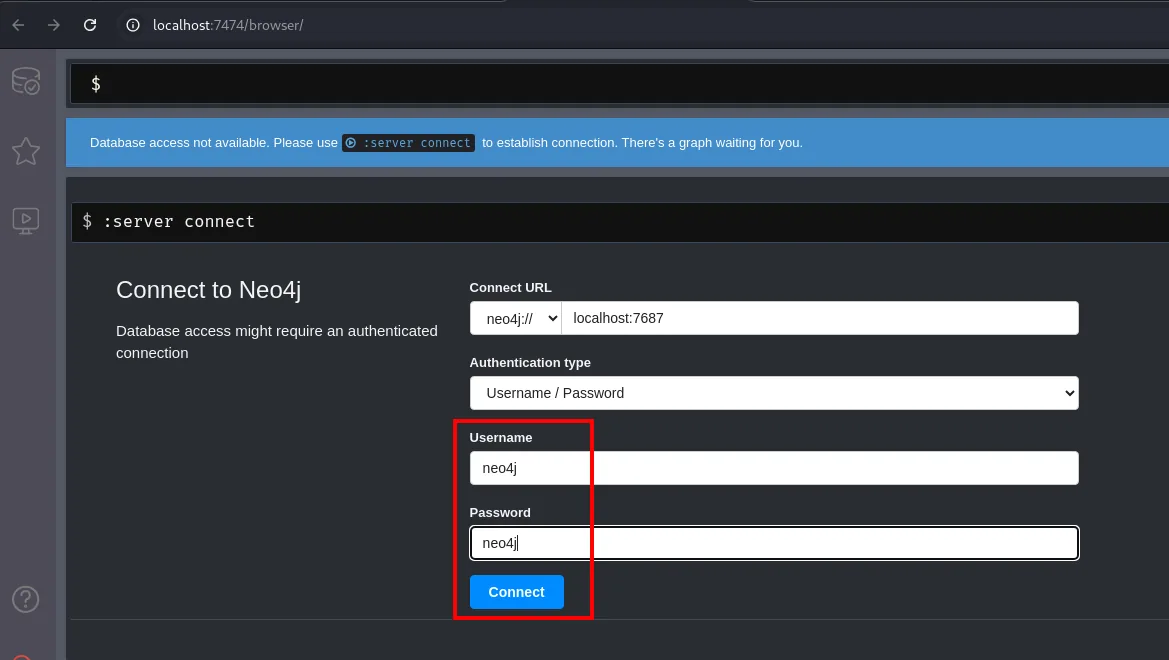 la pantalla Connect to Neo4j en localhost:7474 con la URL bolt://localhost:7687 y el usuario y contraseña neo4j rellenos