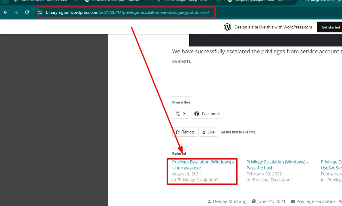 el final del articulo de JuicyPotato con la seccion Related, donde aparece el enlace a Privilege Escalation (Windows) churrasco.exe