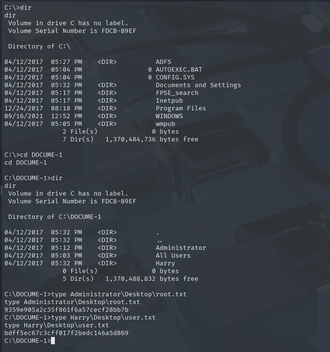 Lectura de las flags root.txt (Administrator) y user.txt (Harry) como SYSTEM