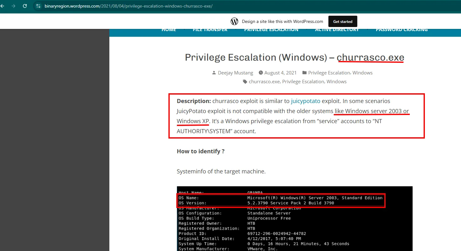 entrada de blog "Privilege Escalation (Windows) – churrasco.exe" que describe churrasco como alternativa a JuicyPotato para Windows Server 2003/XP