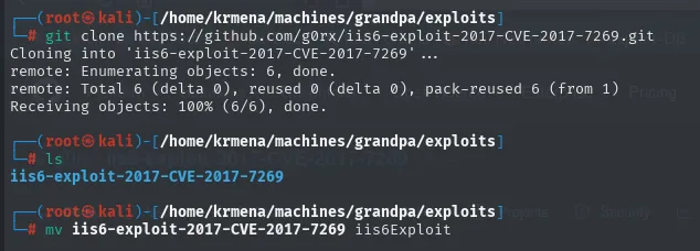 git clone del repositorio g0rx/iis6-exploit-2017-CVE-2017-7269 y renombrado a iis6Exploit