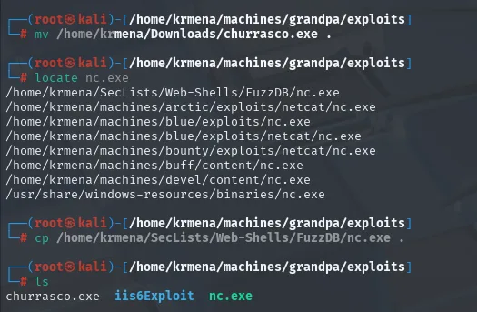 mv de churrasco.exe, locate nc.exe (aparece en SecLists/Web-Shells/FuzzDB) y cp al directorio; ls muestra churrasco.exe, iis6Exploit y nc.exe