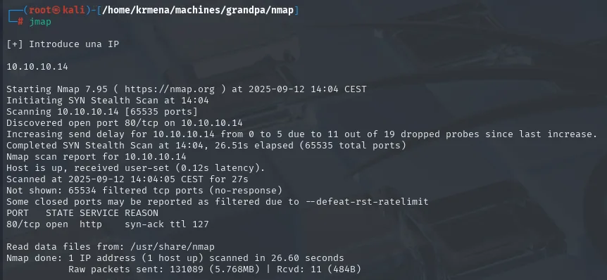 nmap -p- sobre 10.10.10.14 solo encuentra 80/tcp http, con ttl 127
