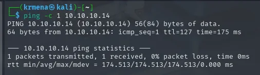 ping a 10.10.10.14 con respuesta ttl=127
