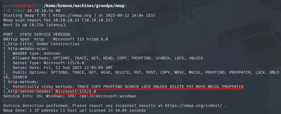 nmap -sCV: Microsoft IIS httpd 6.0 con WebDAV, título Under Construction y métodos PUT/DELETE marcados como potencialmente peligrosos