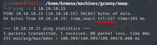 Ping a 10.10.10.15 con la respuesta ttl=127 subrayada