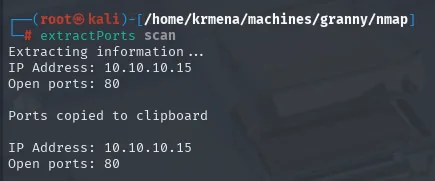 extractPorts resume el escaneo: IP 10.10.10.15 y el unico puerto abierto, el 80
