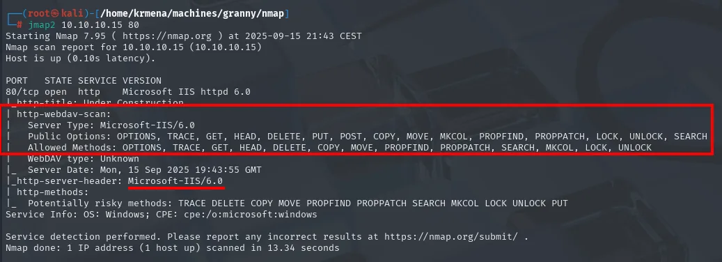Escaneo de versiones del puerto 80: IIS 6.0 con el script http-webdav-scan y sus listas de metodos