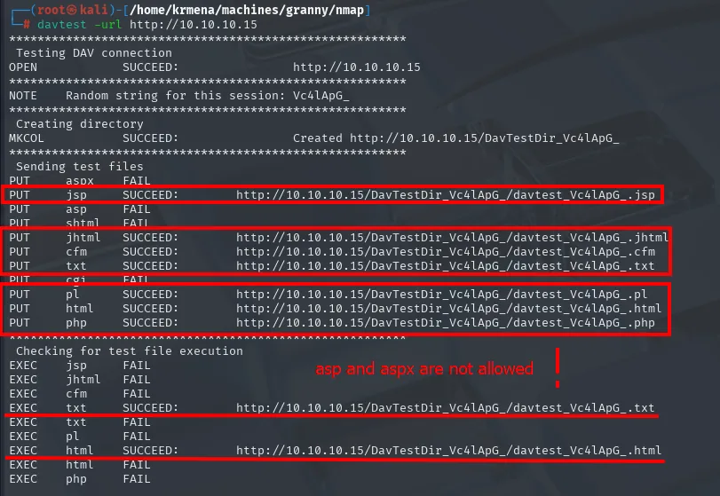 davtest muestra que el servidor acepta subir ficheros txt, php y html pero rechaza asp y aspx