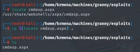 locate encuentra cmdasp.aspx en /usr/share/webshells/aspx y se copia al directorio de trabajo