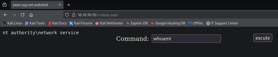 La webshell cmdasp.aspx en el navegador devuelve nt authority\network service al ejecutar whoami
