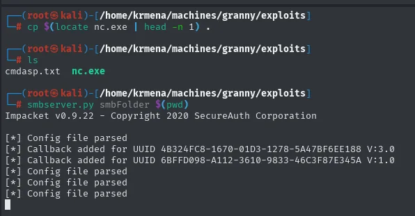 nc.exe copiado al directorio de trabajo y smbserver.py de Impacket sirviendo el recurso smbFolder