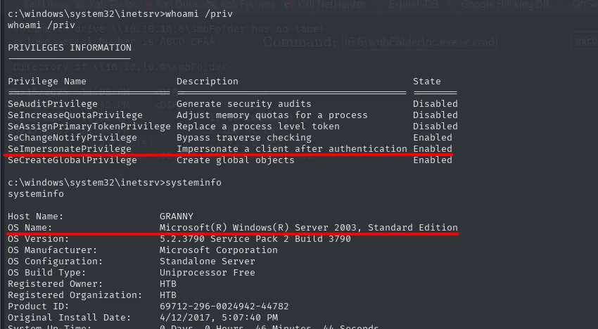 Salida de whoami /priv con SeImpersonatePrivilege habilitado y systeminfo mostrando Windows Server 2003 Standard Edition