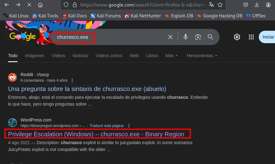la búsqueda de churrasco.exe devuelve el articulo Privilege Escalation (Windows) de Binary Region como resultado destacado