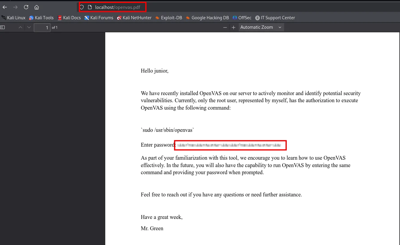 el PDF abierto en localhost muestra la nota de Mr. Green con el comando sudo /usr/sbin/openvas y, tras Enter password, una franja pixelada