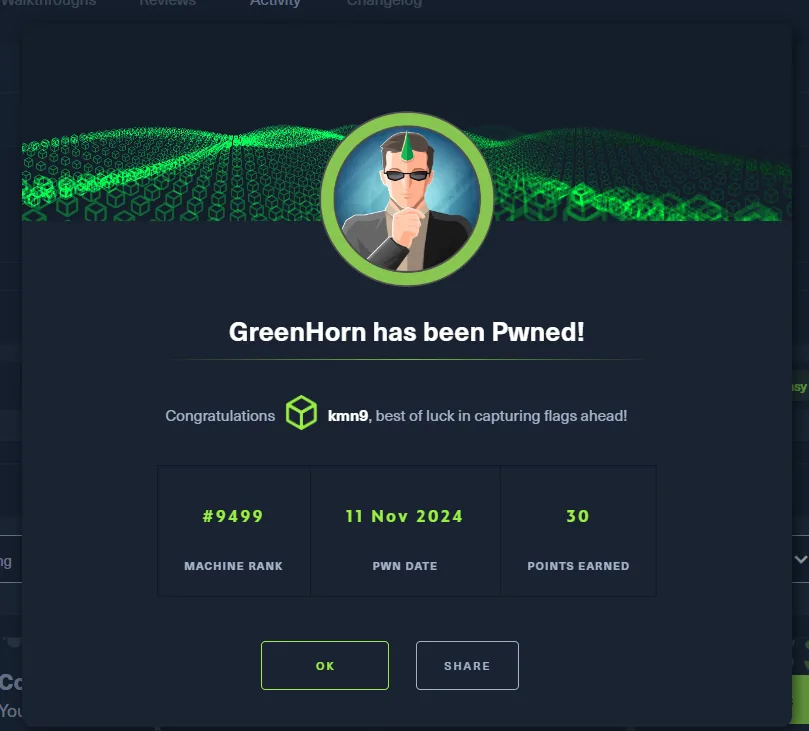 pantalla de HackTheBox indicando que GreenHorn ha sido comprometida